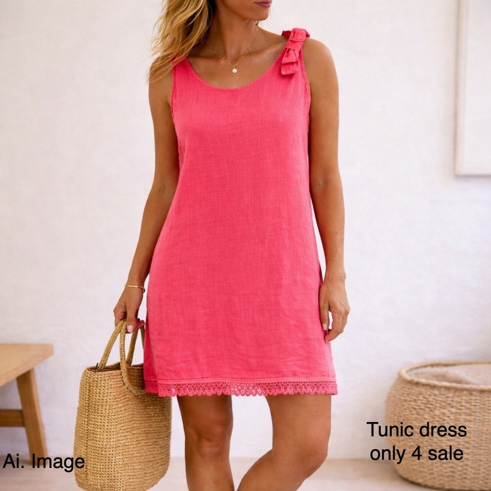 Bellambra‎ Italian Linen Tunic Tank Dress Pink Bow Lace Hem L Lagenlook Beachy